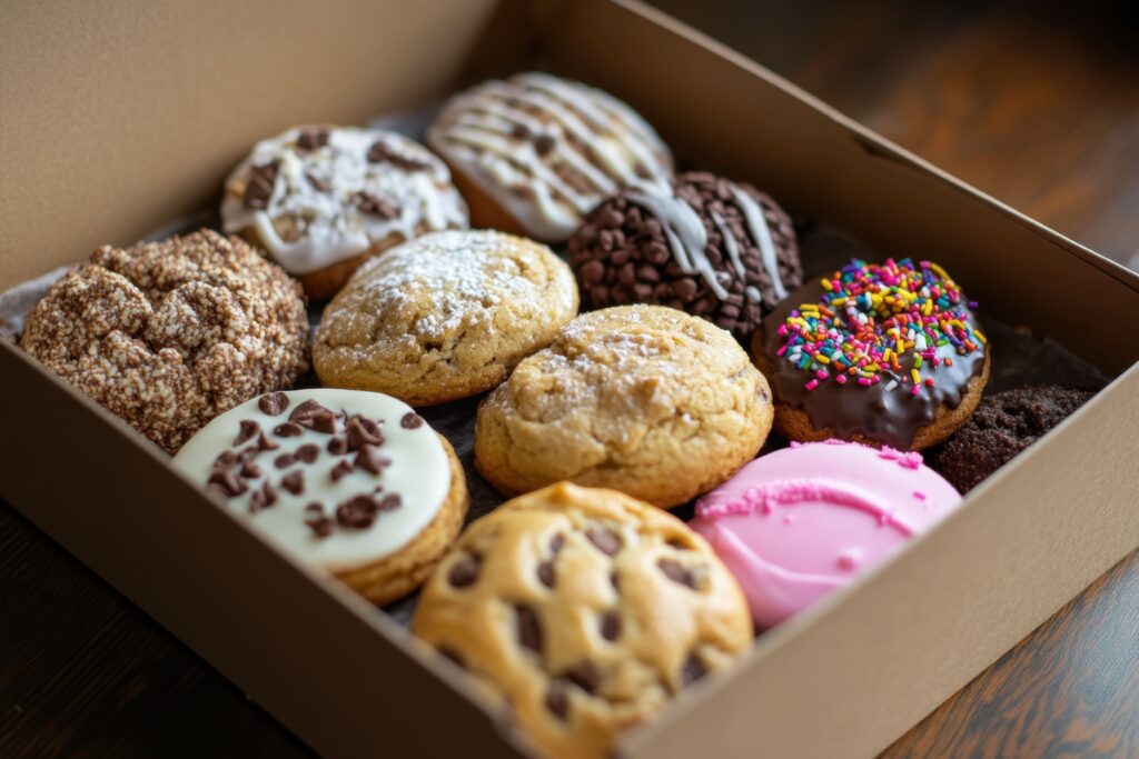 A box of Crumbl Cookies featuring assorted gourmet flavors, freshly baked and beautifully presented in the iconic pink box