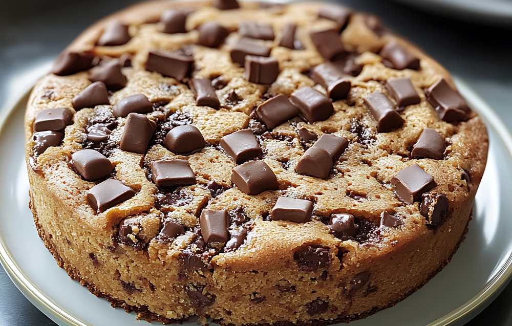 Close-up of a freshly baked cookie cake in a nonstick pan, showcasing a golden-brown crust and gooey center.