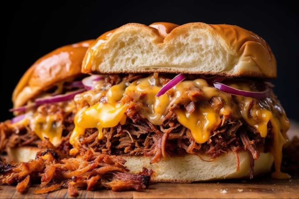 A perfectly crafted brisket sandwich with melted cheddar cheese, served on a toasted bun with a side of coleslaw.