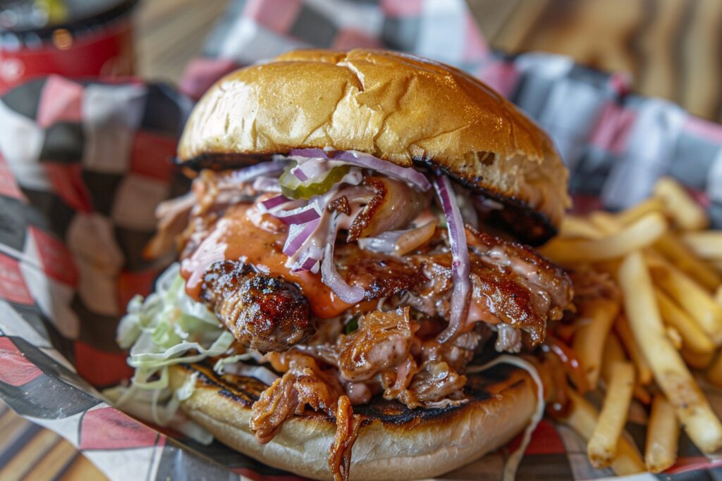 Delicious brisket sandwich topped with tangy barbecue sauce on a rustic wooden plate.