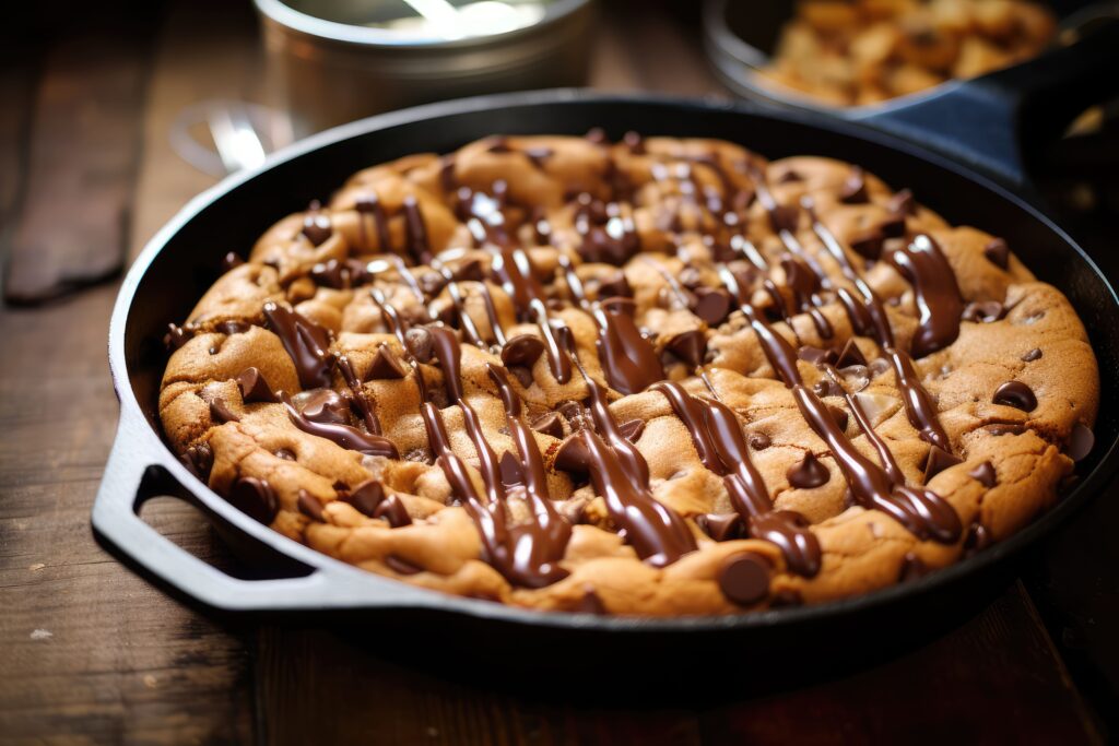 A round, golden-brown cookie cake decorated with colorful frosting swirls, chocolate ganache drizzle, and rainbow sprinkles.
