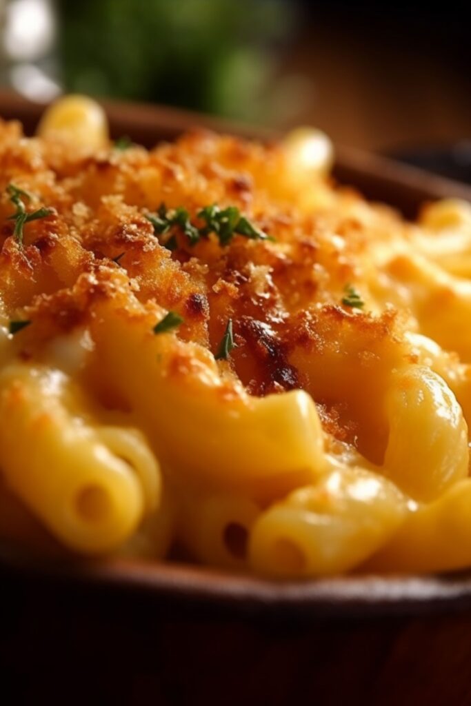 A creamy bowl of Tini Mac and Cheese recipe topped with melted cheese and a sprinkle of breadcrumbs.