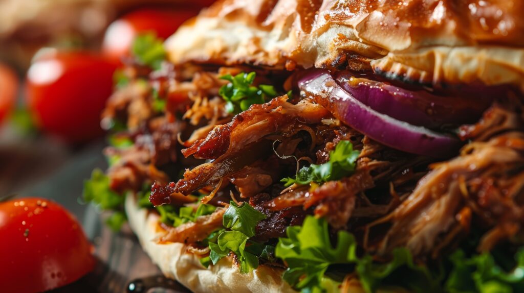 A gourmet brisket sandwich topped with arugula, caramelized onions, and smoked gouda, served on a toasted brioche bun.