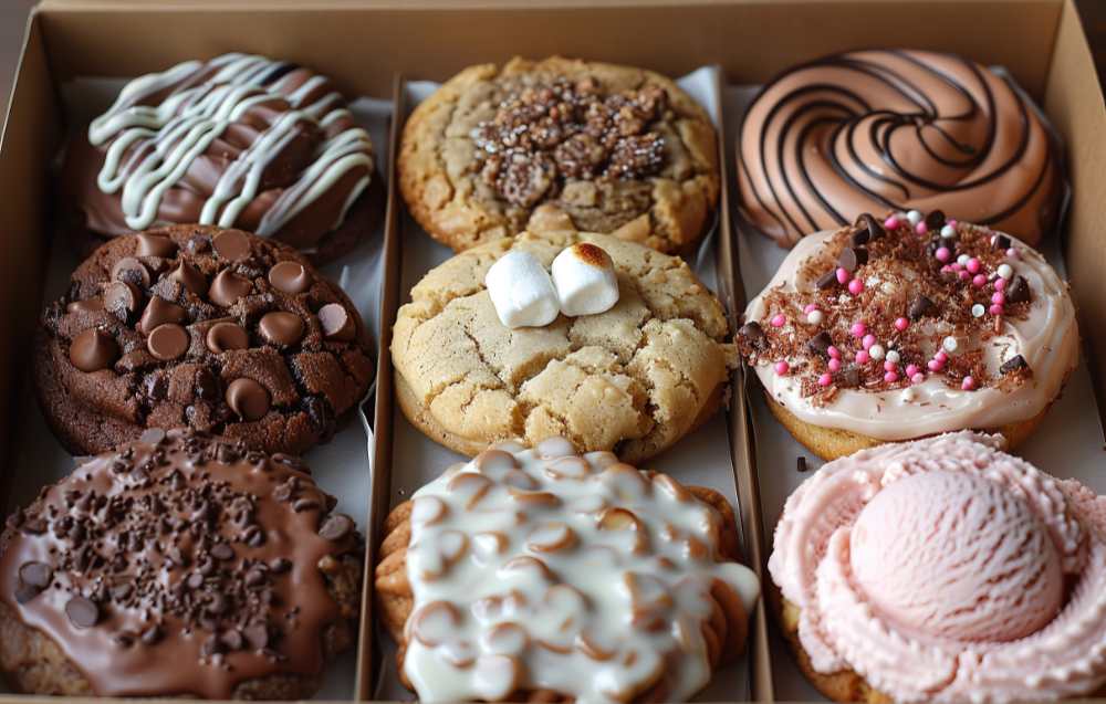 Close-up of a gooey chocolate chip Crumbl Cookie surrounded by other creative and colorful cookie flavors.