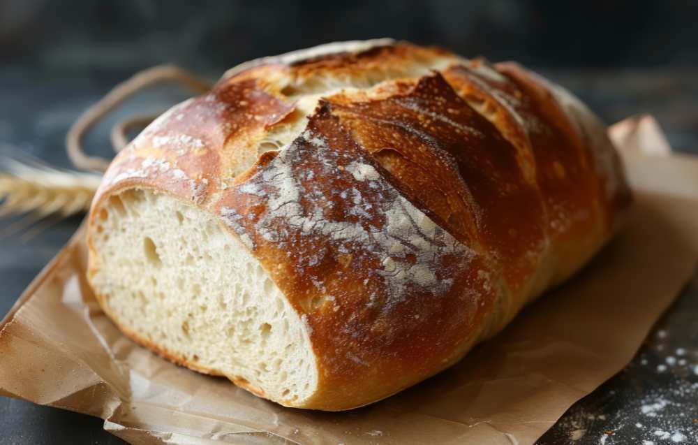 Close-up of a sliced artisan Italian bread loaf showcasing its airy crumb and crisp crust.
