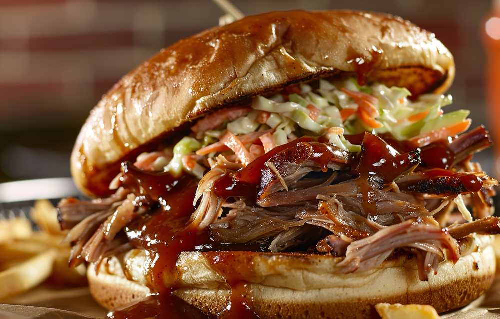 A close-up of a freshly made brisket sandwich with tender slices of smoked brisket, pickles, and BBQ sauce on a toasted bun.