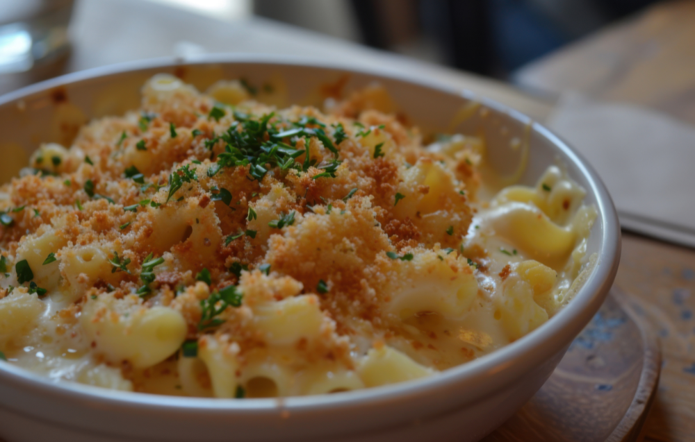 Close-up of cheesy Tini Mac and Cheese baked to perfection in a cast-iron skillet.