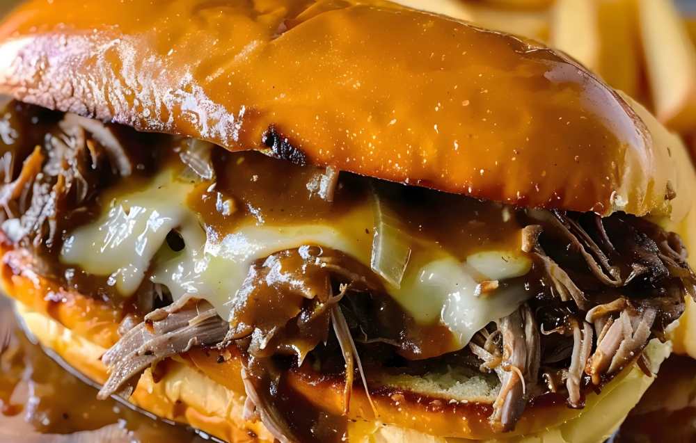 Close-up of a brisket sandwich featuring smoked gouda, highlighting its gooey, melted texture and smoky flavor.