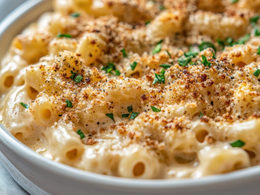 Close-up of Tini’s mac and cheese highlighting the best pasta for the dish, with golden-baked crust and a rich, cheesy texture.