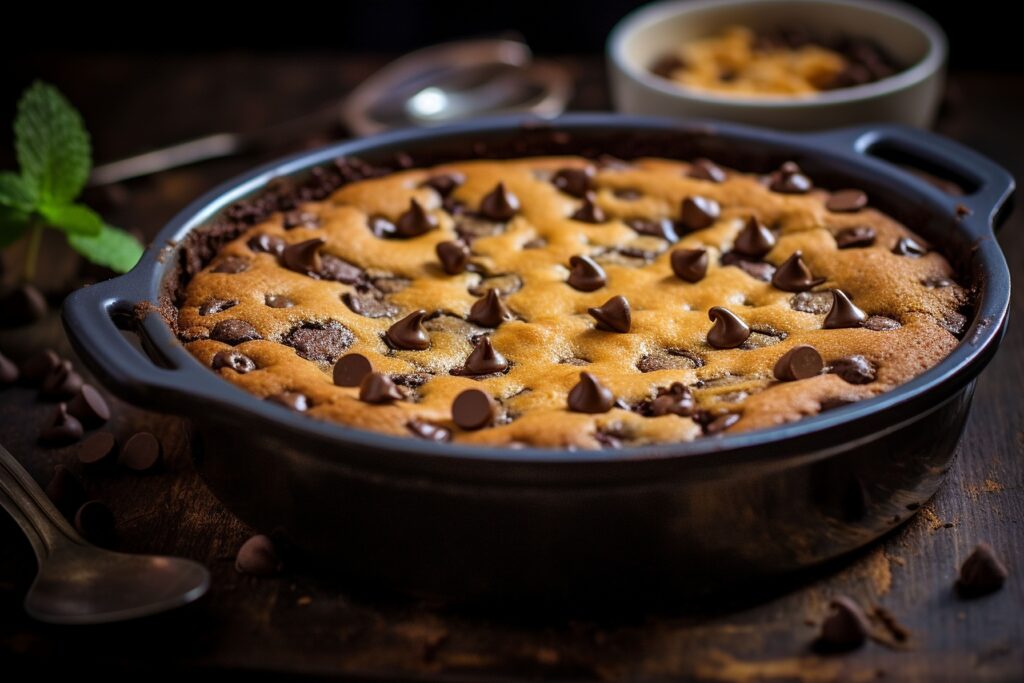 An assortment of baking pans, including a cast iron skillet, round cake pan, and glass dish, perfect for cookie cakes.