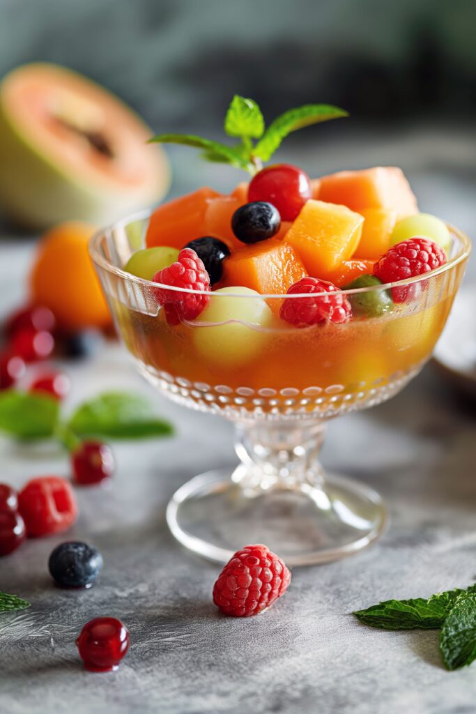 A colorful bowl showcasing the 5 fruits in fruit cocktail: peaches, pineapples, cherries, grapes, and pears.