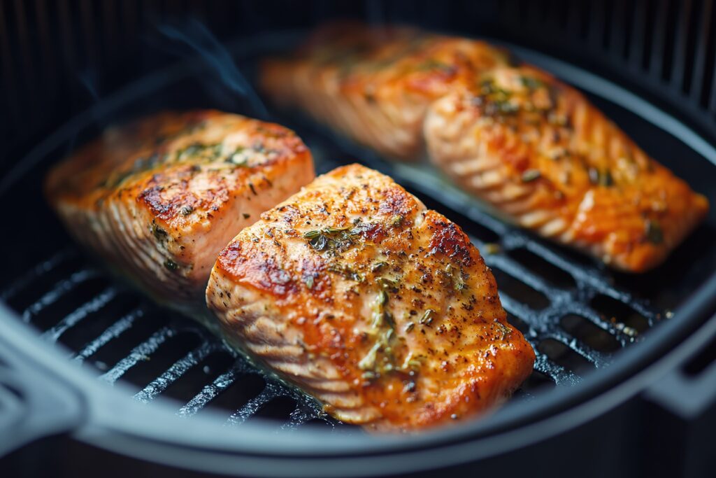 Frozen salmon fillets in an air fryer basket, golden and crispy after cooking.