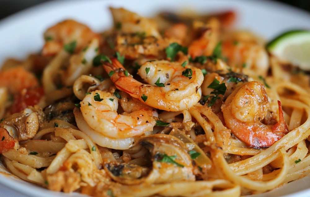 Delicious Cajun Shrimp Pasta served with a creamy sauce and succulent shrimp on a rustic wooden table.