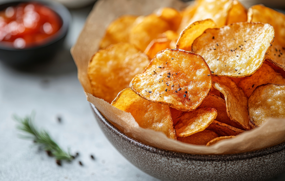 A vibrant bowl of spicy chips seasoned with chili powder and paprika, perfect for a fiery snack craving.