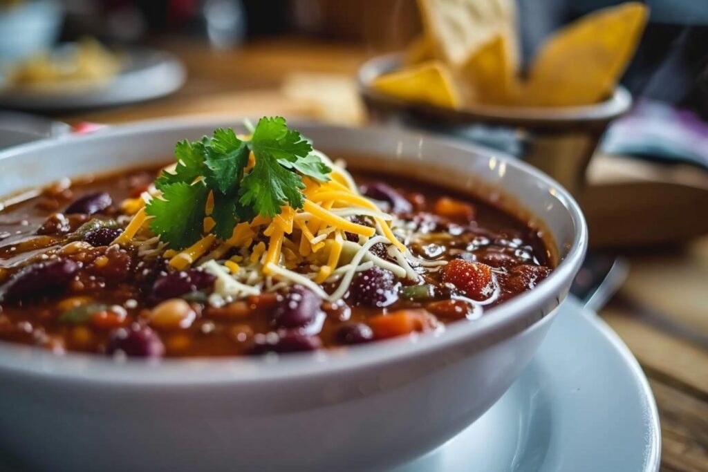 A steaming bowl of brisket chili recipe topped with shredded cheese, fresh cilantro, and a dollop of sour cream, served with a side of cornbread.