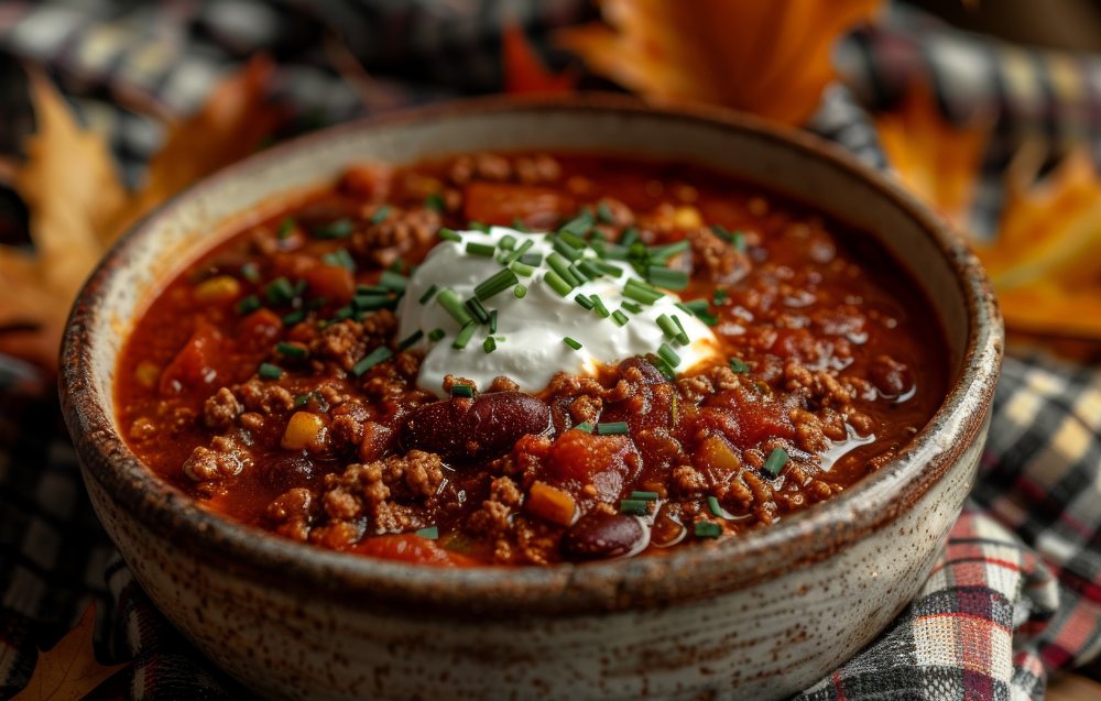 Homemade brisket chili recipe served in a colorful bowl, topped with shredded cheese, diced onions, and a sprinkle of fresh cilantro.