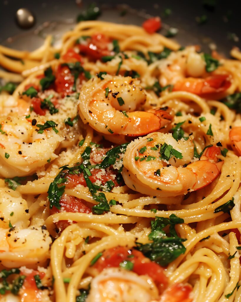 Close-up of creamy Cajun Shrimp Pasta topped with fresh parsley in a white bowl.