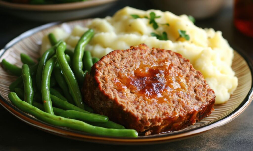 A perfectly baked meatloaf topped with a glossy layer of ketchup glaze, served with mashed potatoes and green beans.
