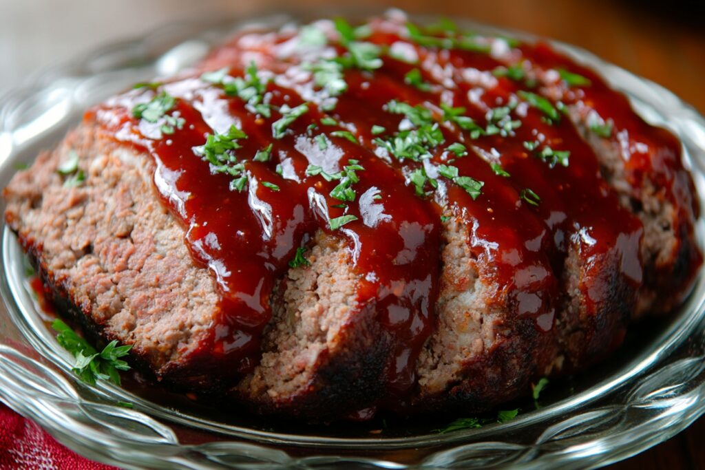 A slice of Italian meatloaf recipe with marinara glaze, served on a white plate with fresh parsley garnish.