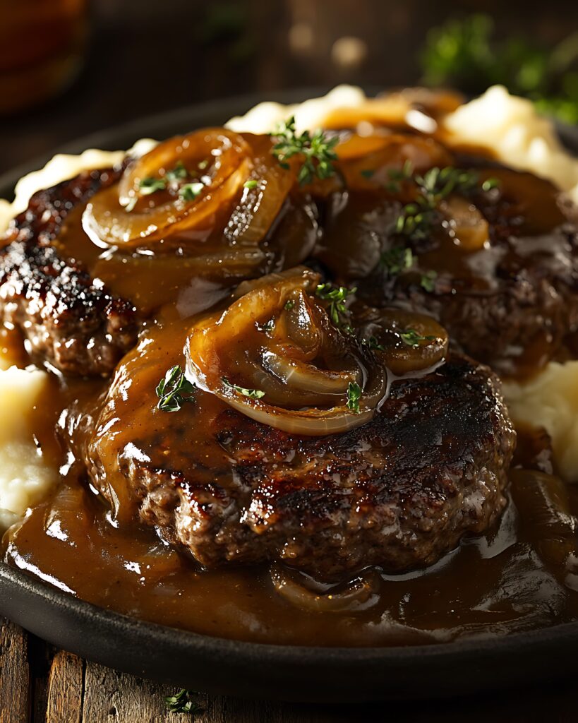 Close-up of a Salisbury steak recipe featuring juicy beef patties smothered in rich, savory brown gravy