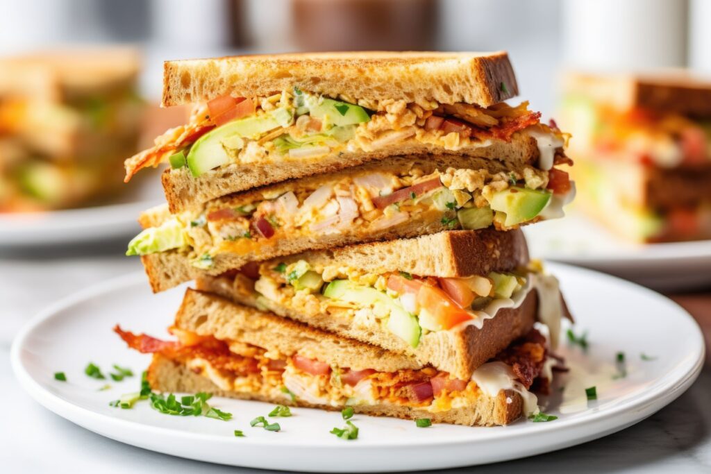 Close-up of a toasted turkey and cheese sandwich with melted cheese oozing between golden bread slices, served with a side of fresh greens.
