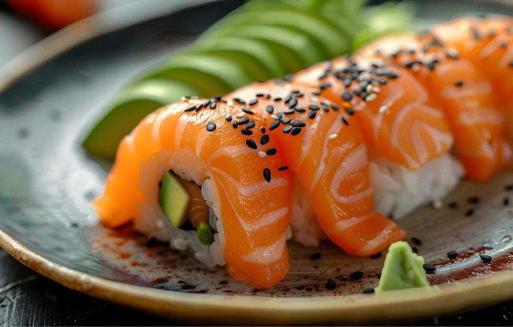 A vibrant platter of salmon sushi, including maki rolls and nigiri, showcasing fresh salmon, sushi rice, and nori, accompanied by soy sauce and wasabi