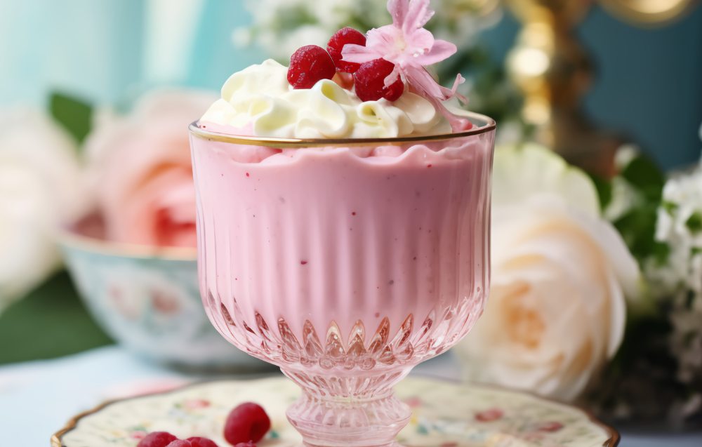 A close-up of a Cream Berry Fairy dessert featuring layers of fluffy whipped cream and fresh mixed berries, served in a clear glass for a vibrant, elegant presentation.