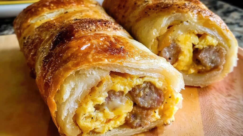 Golden, flaky crescent rolls stuffed with eggs and cheese, served as a delicious breakfast recipe.