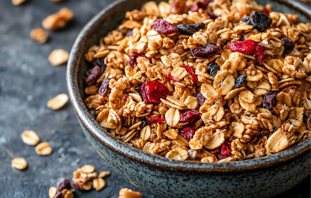 Close-up of crunchy protein granola clusters with almonds, chia seeds, and a drizzle of honey.