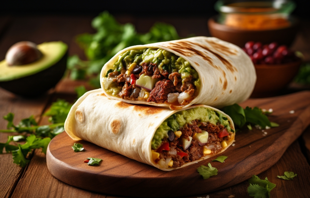 A delicious burrito filled with rice, beans, grilled chicken, fresh vegetables, and melted cheese on a wooden board.