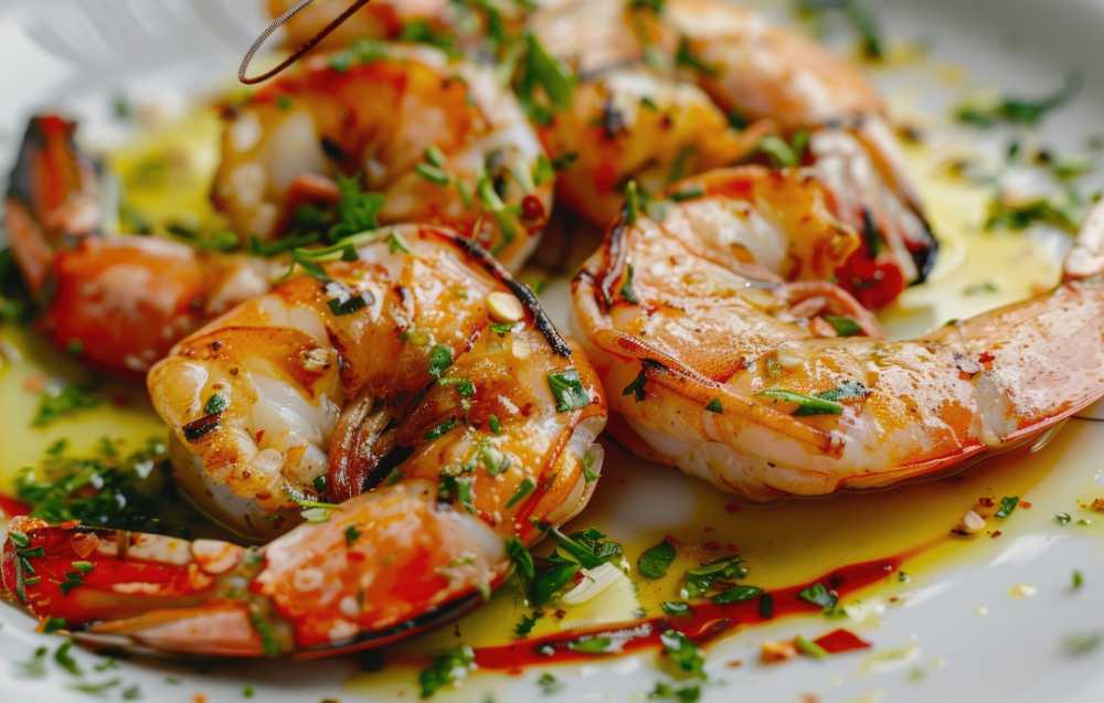 Juicy cooked colossal shrimp served in a garlic butter sauce, garnished with fresh herbs.