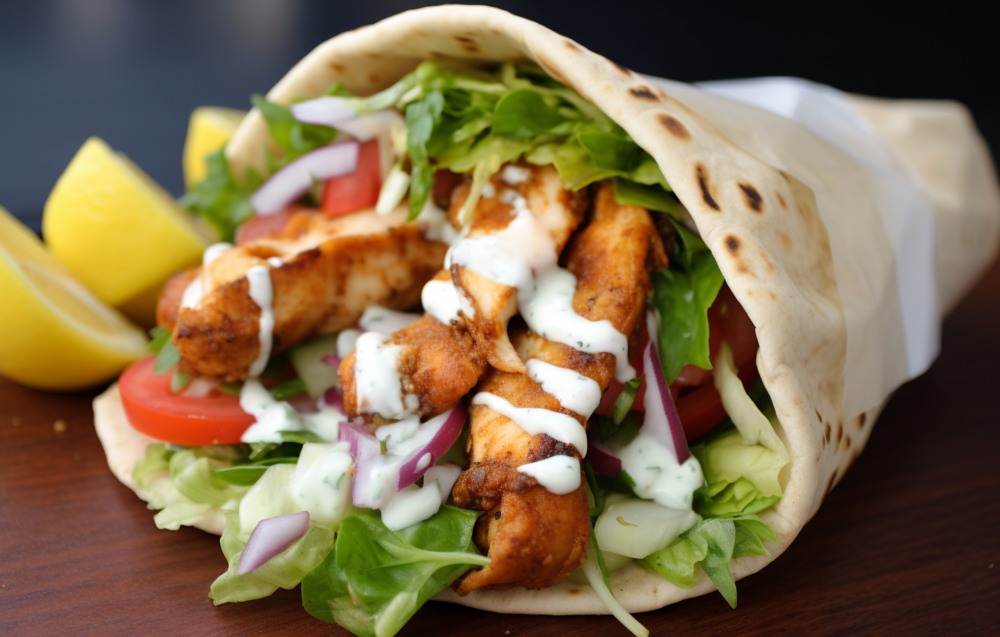 A freshly prepared grilled chicken wrap filled with sliced chicken, fresh lettuce, tomatoes, and creamy sauce, served on a wooden board.