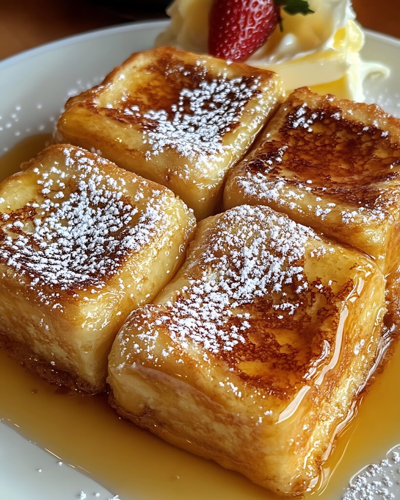 Golden-brown Hawaiian Roll French Toast topped with fresh berries and a drizzle of syrup on a white plate.