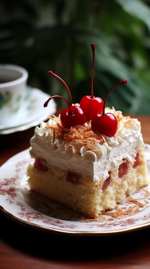 A mouthwatering slice of banana split cake with layers of graham cracker crust, creamy filling, fresh bananas, and whipped cream topped with chocolate drizzle and a cherry.