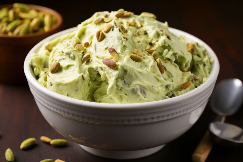 A jar of smooth and creamy pistachio cream spread with fresh pistachios scattered around