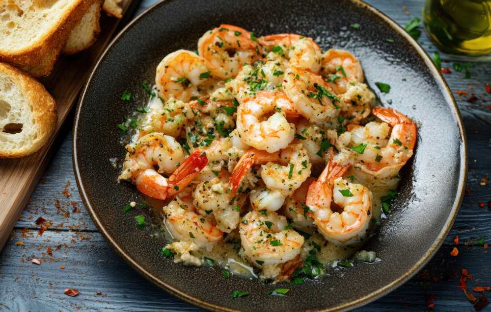 A beautifully plated dish featuring shrimp with a variety of colorful side dishes, showcasing pairing ideas for "What can you eat with shrimp.