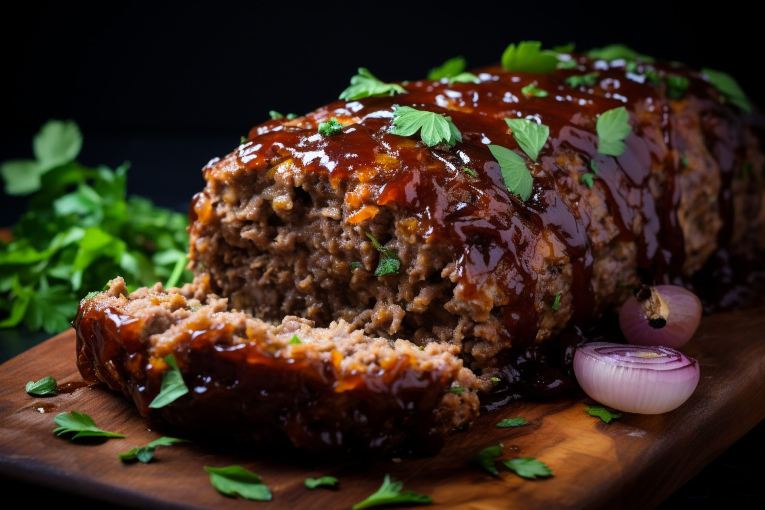 A smoked meatloaf served with a vibrant garden salad and tangy barbecue sauce, highlighting delicious side dish options.