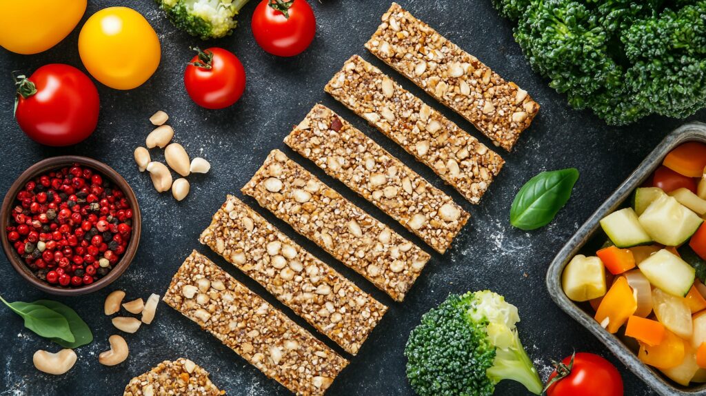 A colorful assortment of vegan snack foods, including fresh fruits, nuts, dark chocolate, and hummus with veggies, arranged on a wooden table.