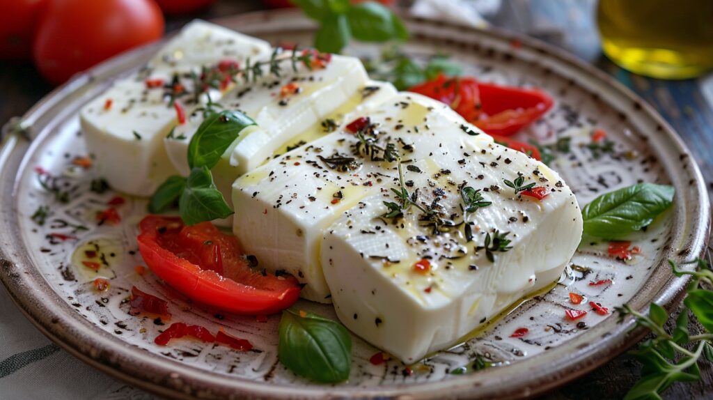 A block of traditional feta cheese served with fresh olives, showcasing its crumbly texture and creamy white color.