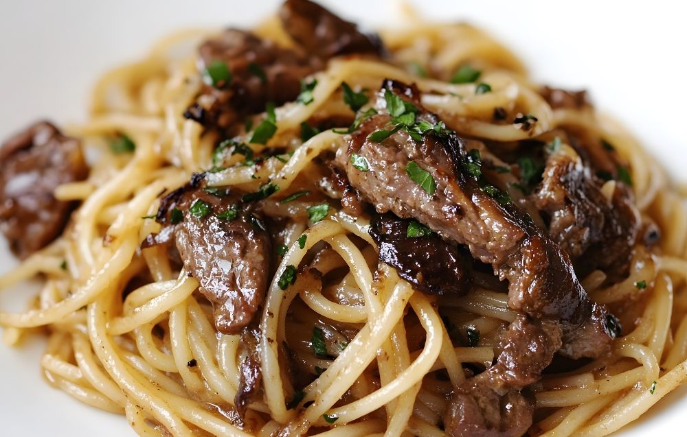 A beautifully plated dish of juicy grilled steak slices served over a bed of creamy fettuccine pasta, garnished with fresh herbs and Parmesan cheese.