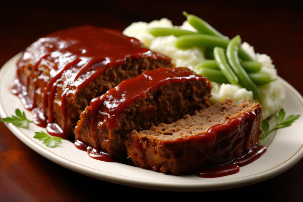 A close-up of a bowl filled with rich, glossy homemade meatloaf sauce recipe, made with ketchup, brown sugar, and spices, ready to be poured over a juicy meatloaf.