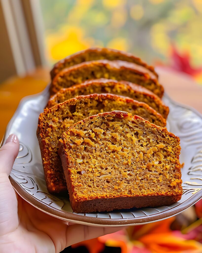 Close-up of golden-brown sweet potato bread slices on a plate, garnished with chopped pecans and a drizzle of honey, showcasing its soft texture and inviting warmth.