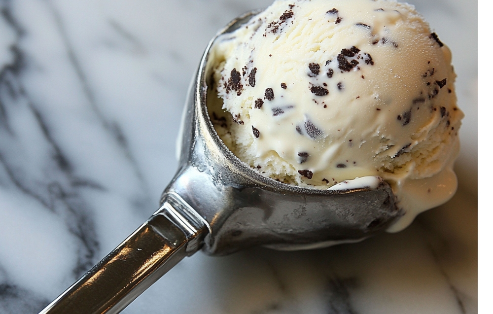 Close-up of a spring-loaded ice cream scoop releasing a smooth, round scoop of chocolate ice cream.
