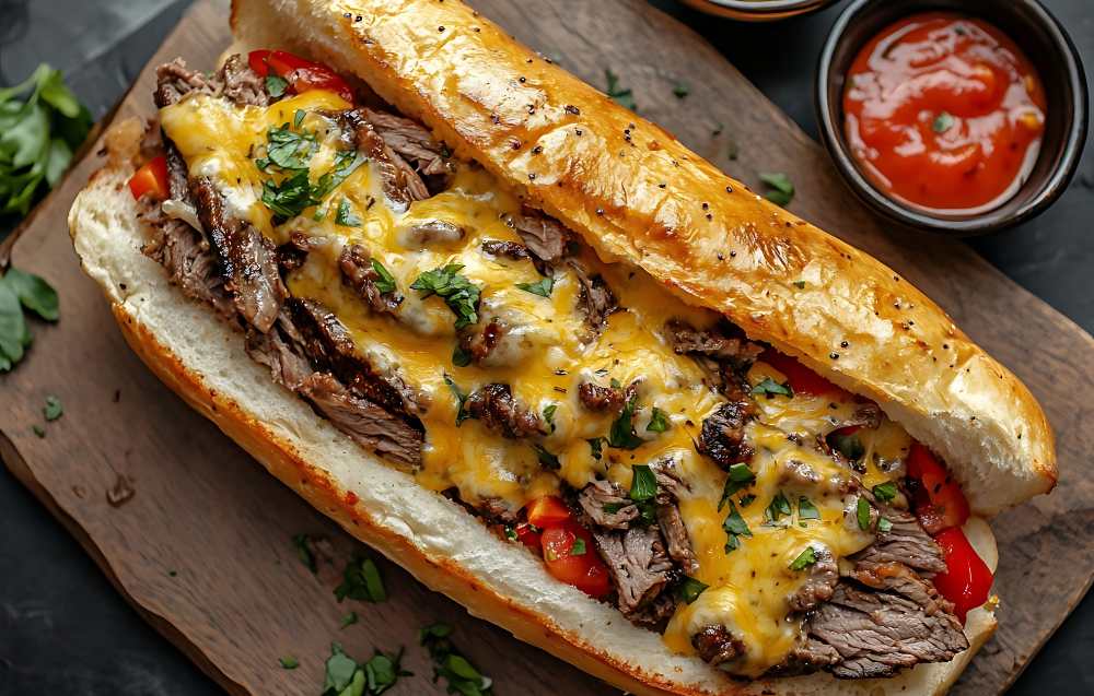 Philly cheesesteak topped with rich cheese sauce and paired with a side of garlic aioli for dipping.