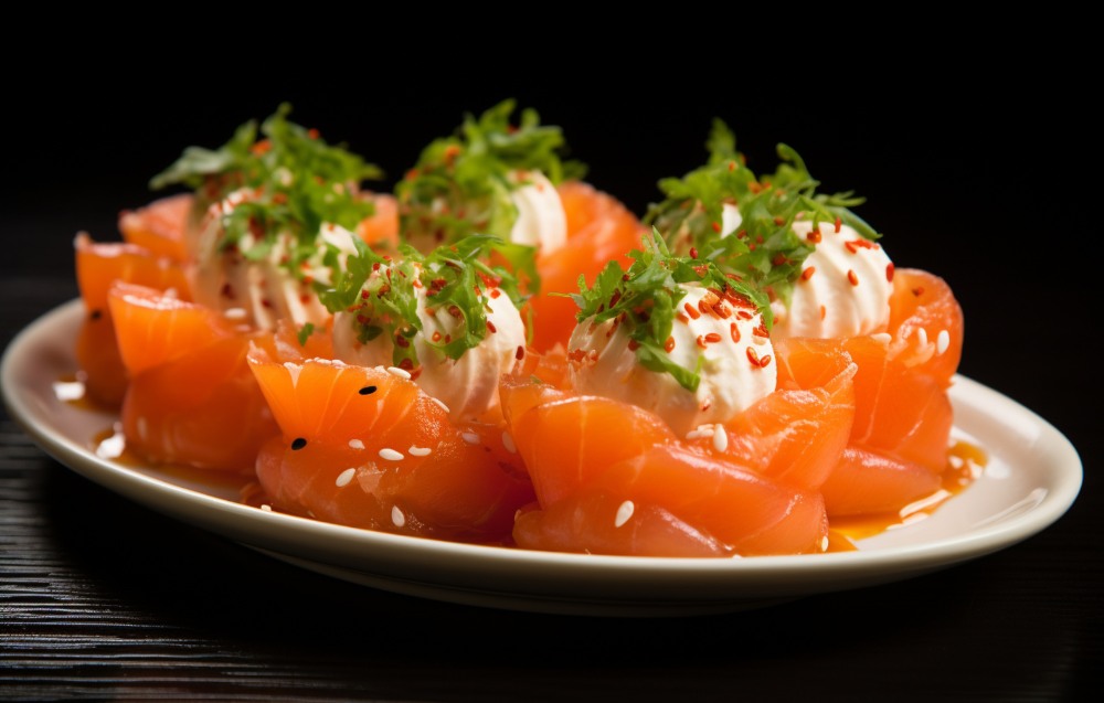 Thinly sliced raw salmon arranged on a wooden board with chopsticks and a soy sauce dish, showcasing a traditional sashimi presentation.