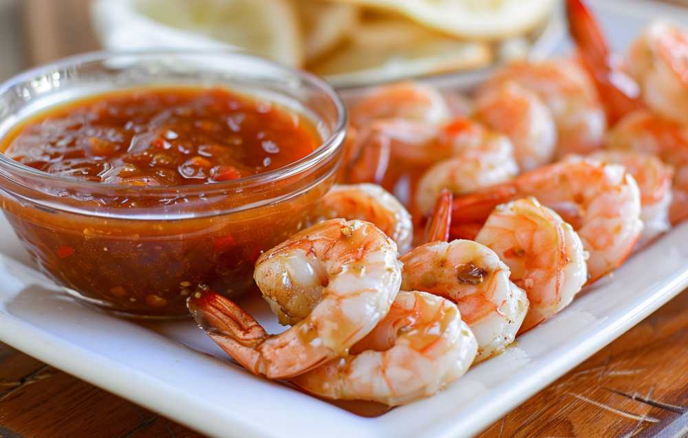 Freshly cooked shrimp paired with dipping sauces like creamy Alfredo, spicy Cajun, and tangy cocktail sauce.