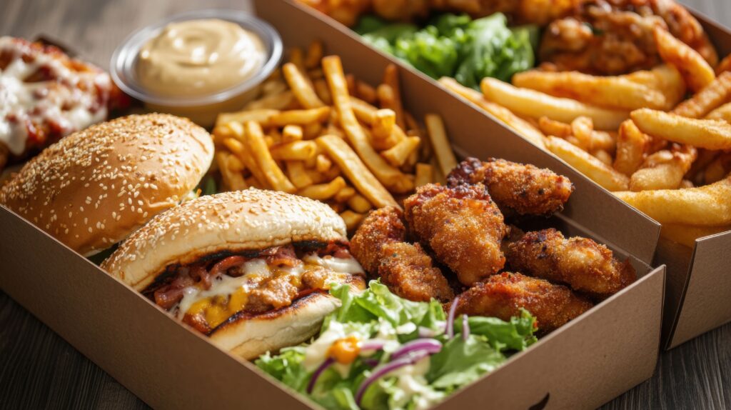 A colorful display of Chick-fil-A’s classic menu, featuring grilled chicken, salads, and refreshing drinks.