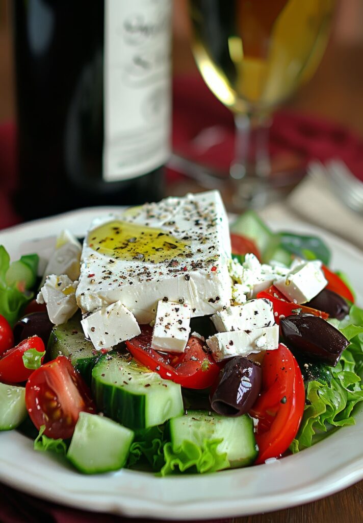 A close-up of crumbly feta cheese on a wooden cutting board, surrounded by fresh vegetables and herbs, showcasing its nutritional appeal and versatility in cooking.