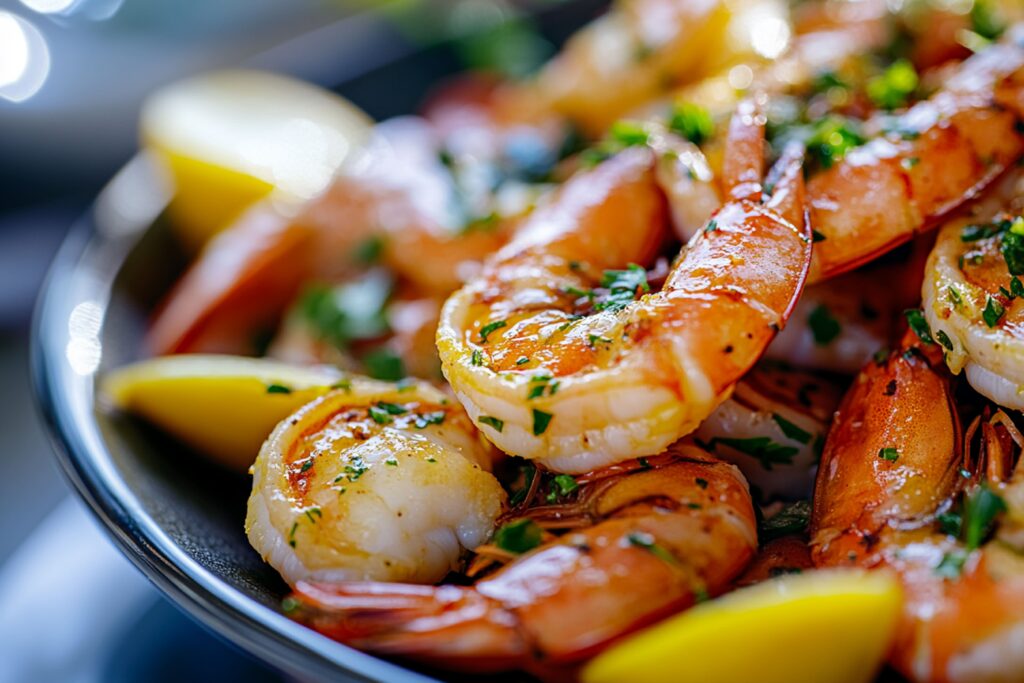 Fresh colossal shrimp arranged on a wooden cutting board with lemon wedges and parsley.