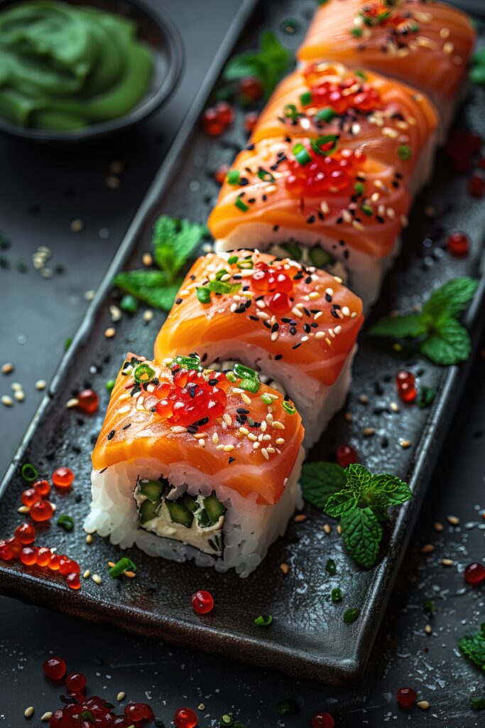 A close-up of fresh salmon sushi rolls, featuring perfectly sliced salmon atop vinegared rice, garnished with pickled ginger and wasabi